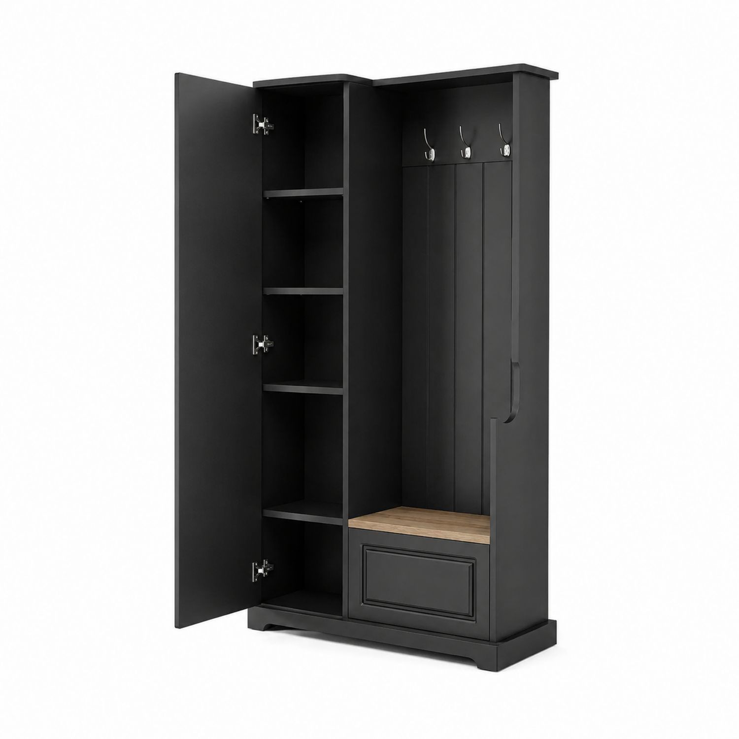 Schrank mit Garderobe und Holzbank, Schwarz, 196x100x40cm-Retrohomestead