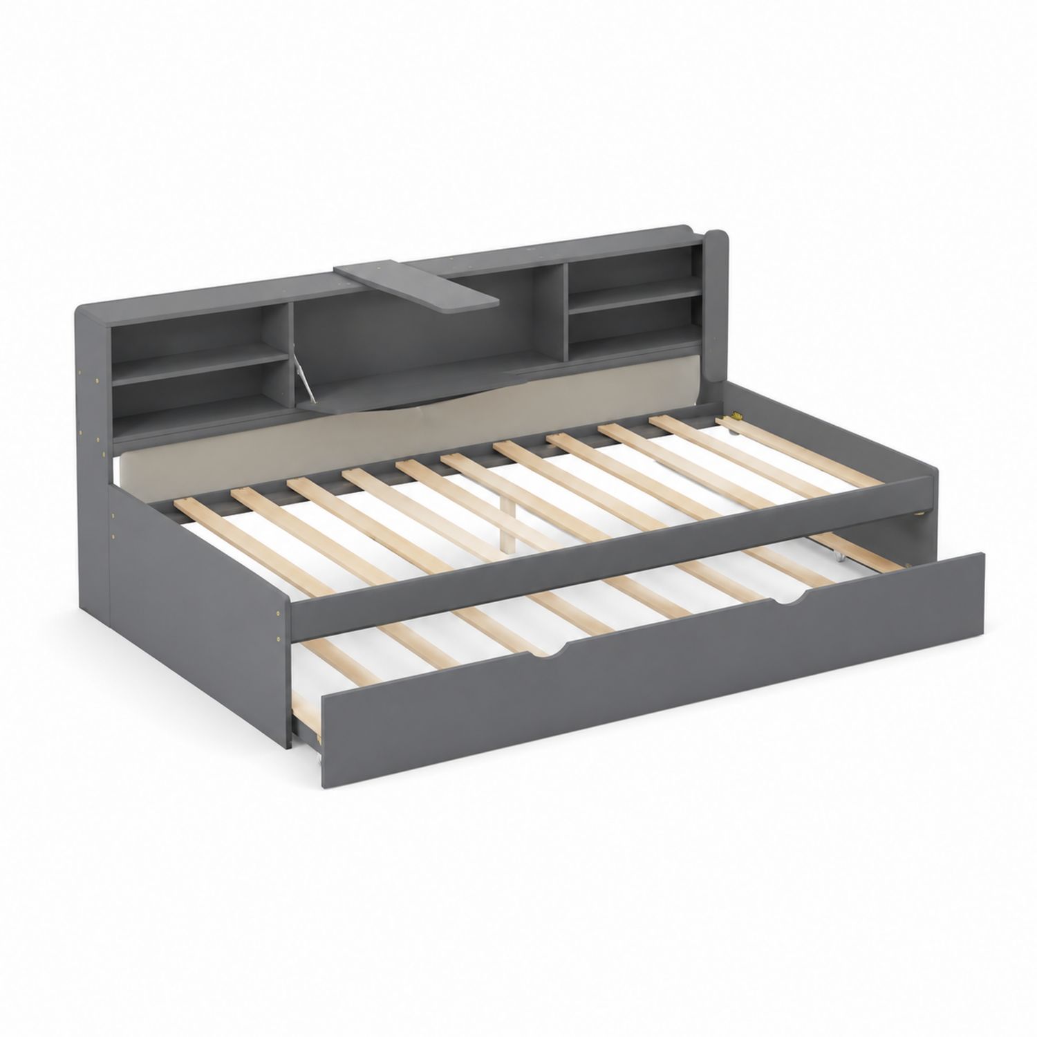 Kinderbett aus MDF mit Stauraum und Regal in Grau, 200x90 cm-Retrohomestead
