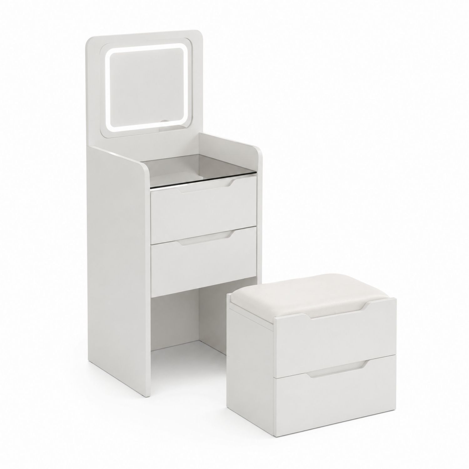 Schminktisch Set mit Hocker und LED Spiegel aus MDF Weiß-Retrohomestead