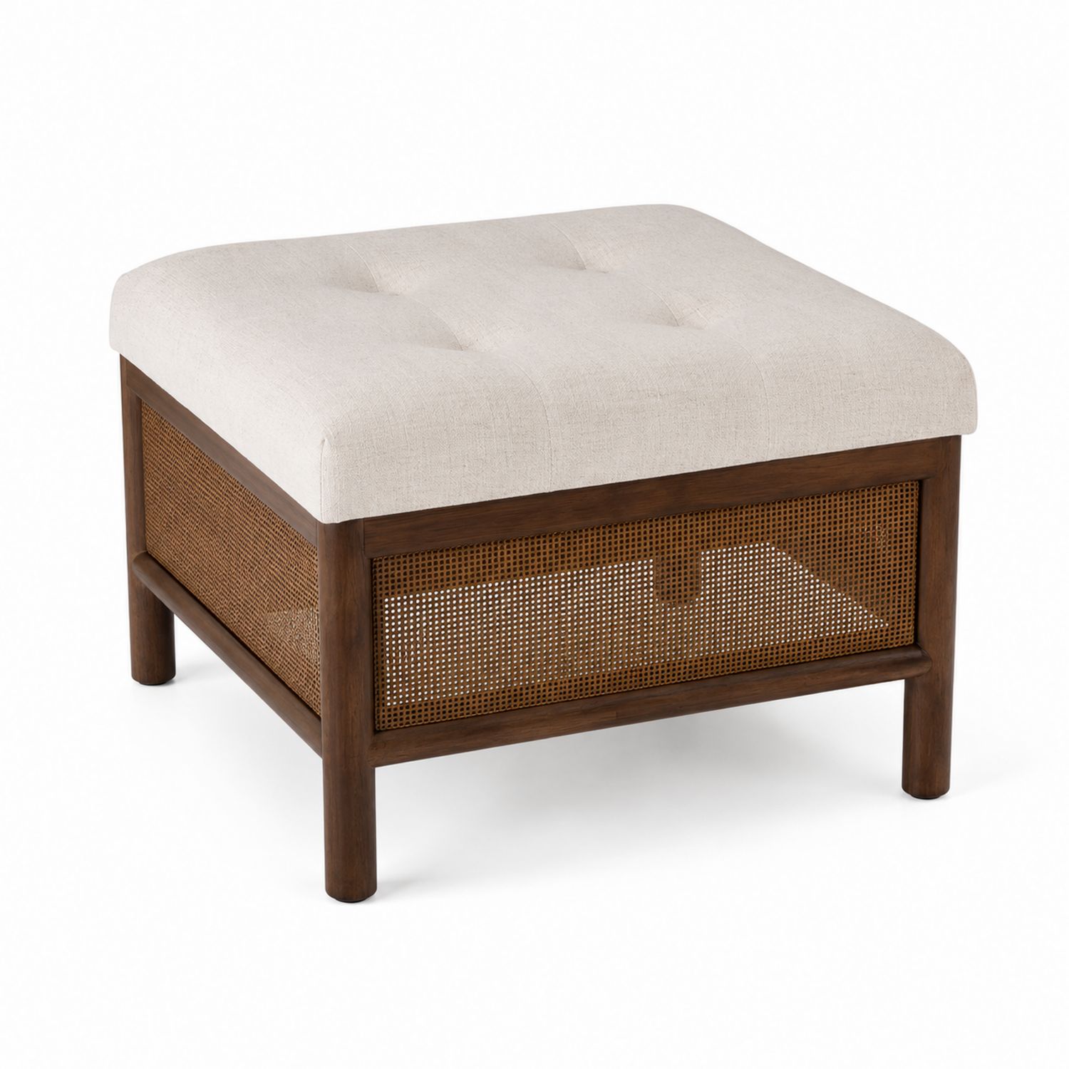 Hocker Leinen Holz Rattan Braun/Beige-Retrohomestead