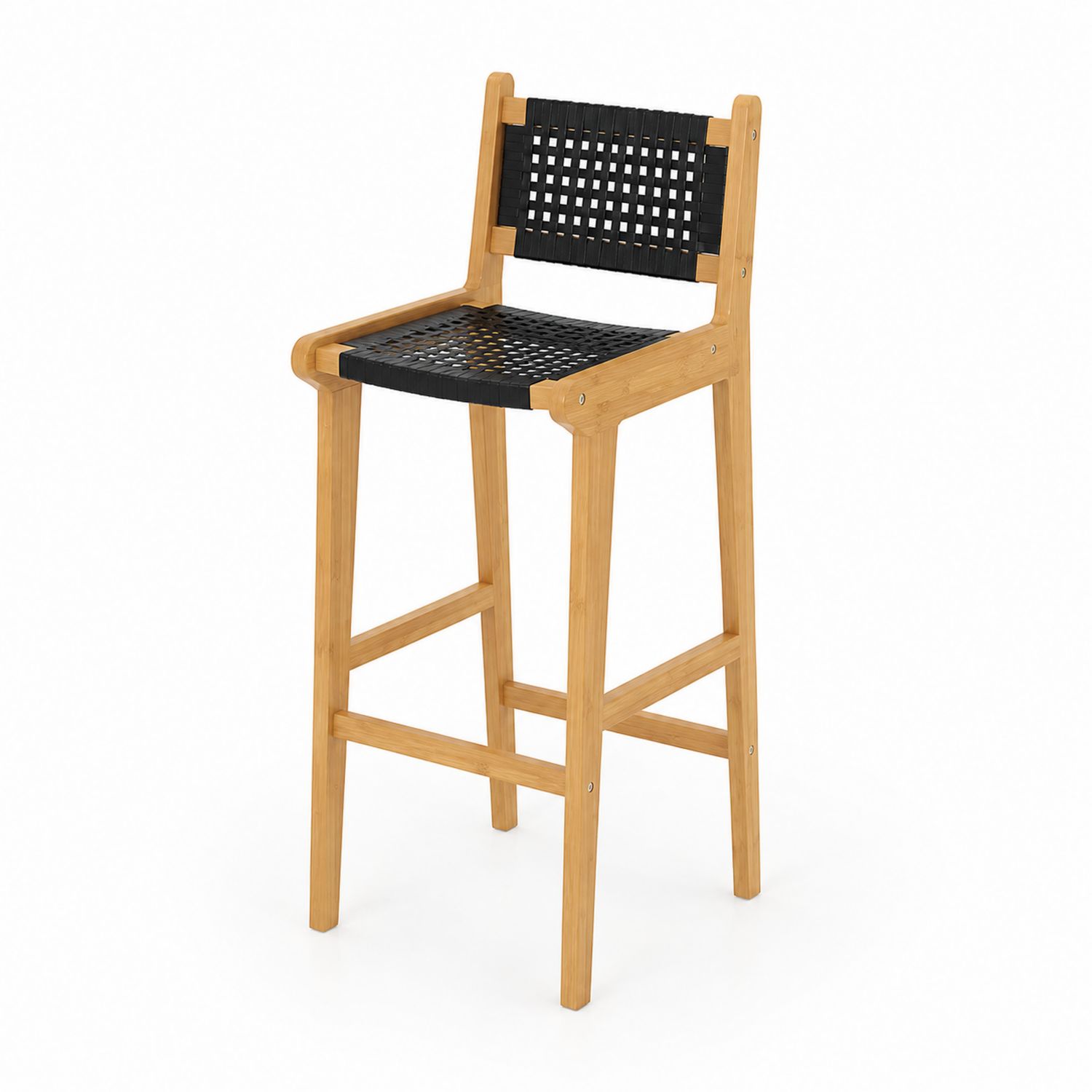 Barhocker aus Teakholz mit schwarzem Polypropylen-Geflecht-Retrohomestead