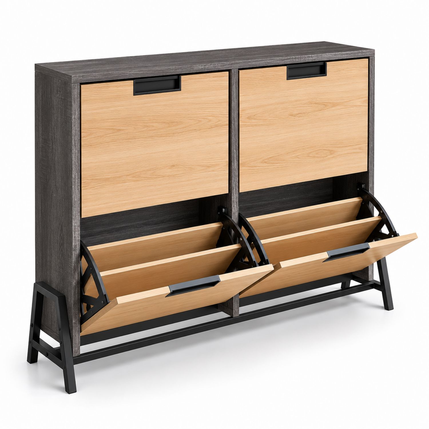 Schuhschrank mit Klappfächern aus Eichenholzfurnier und Metall, 80x30x100cm-Retrohomestead