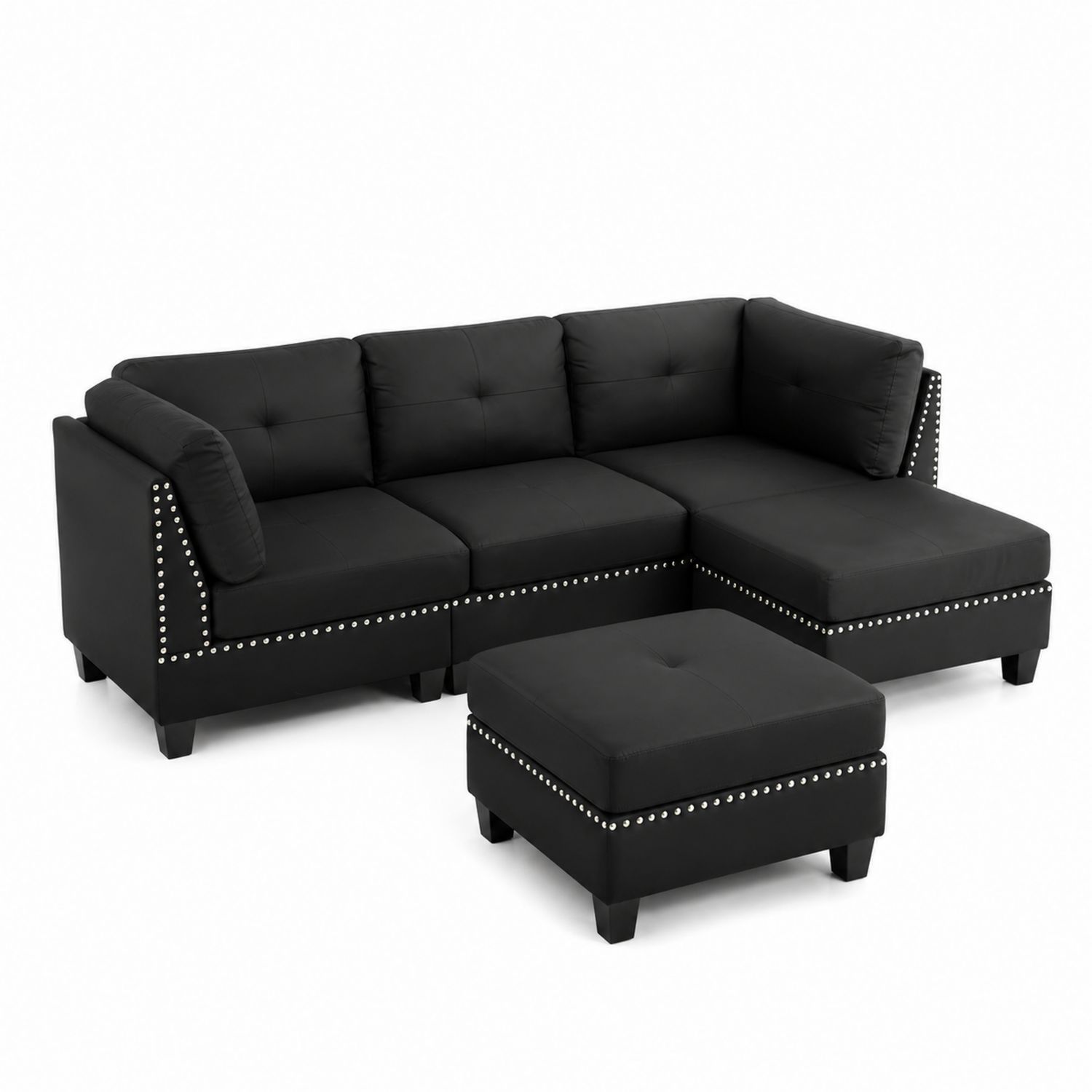 Ecksofa Set mit Hocker aus Kunstleder in Schwarz-Retrohomestead