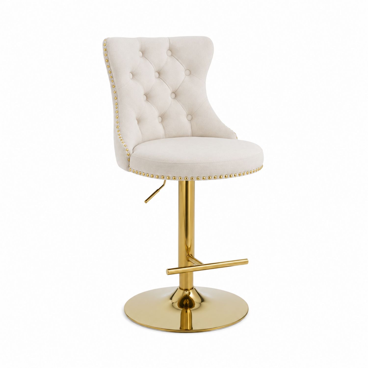 Höhenverstellbarer Barhocker mit Polsterrücken, Metallrahmen, Creme/Gold-Retrohomestead