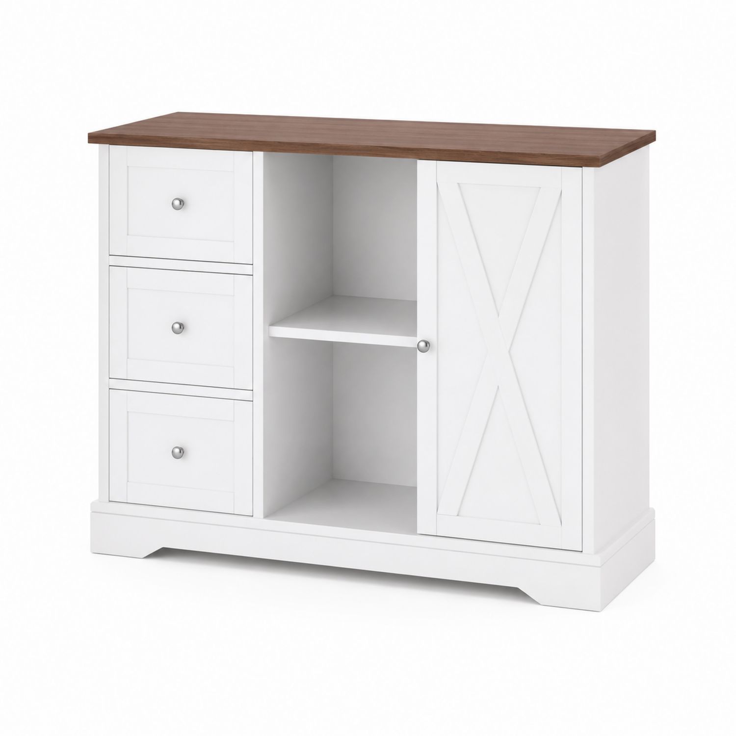 Sideboard aus MDF mit Schubladen und Tür, Weiß und Naturholz-Retrohomestead