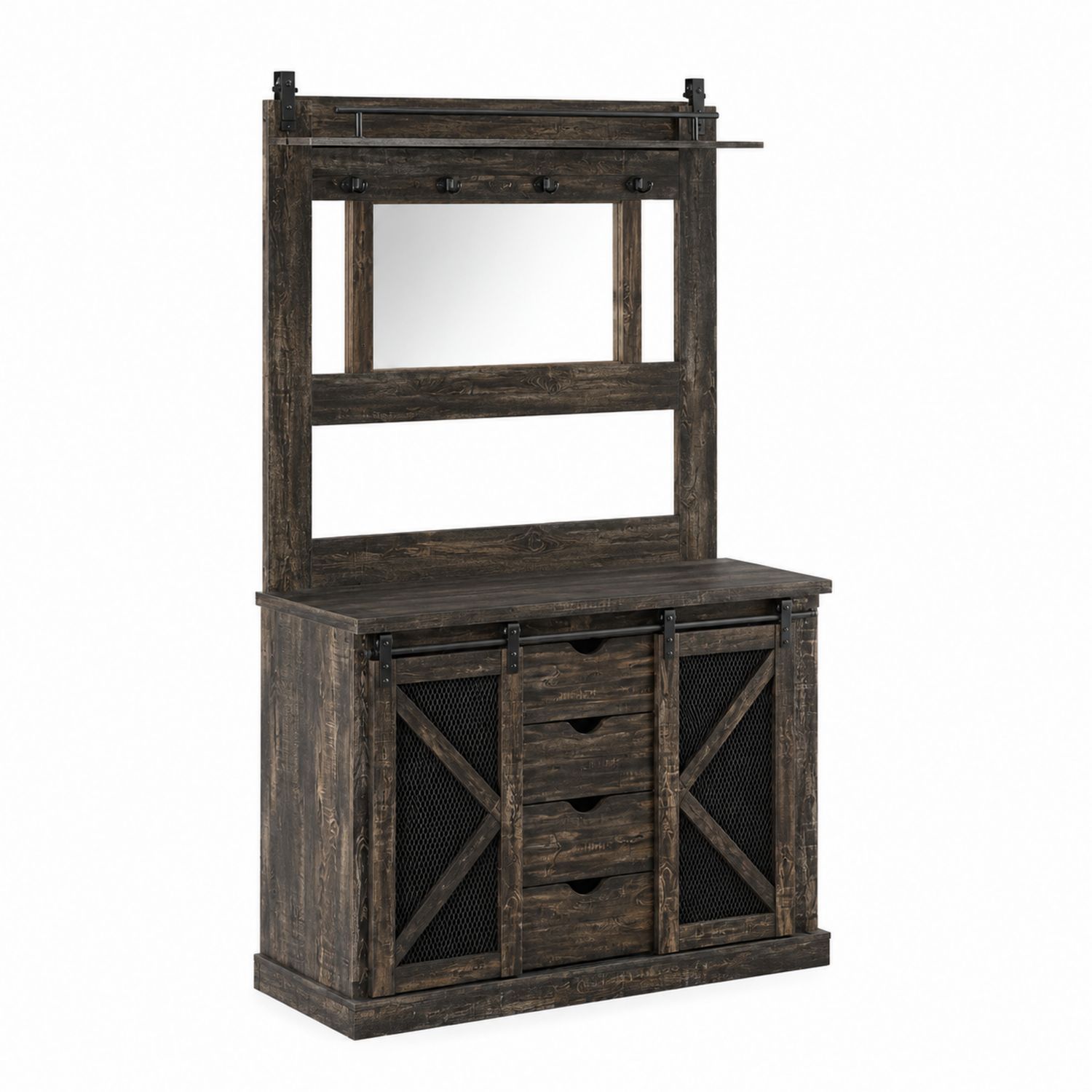 Kiefernholz Garderobenständer mit Spiegel und Schubladen Dunkelbraun 150x100x40cm-Retrohomestead