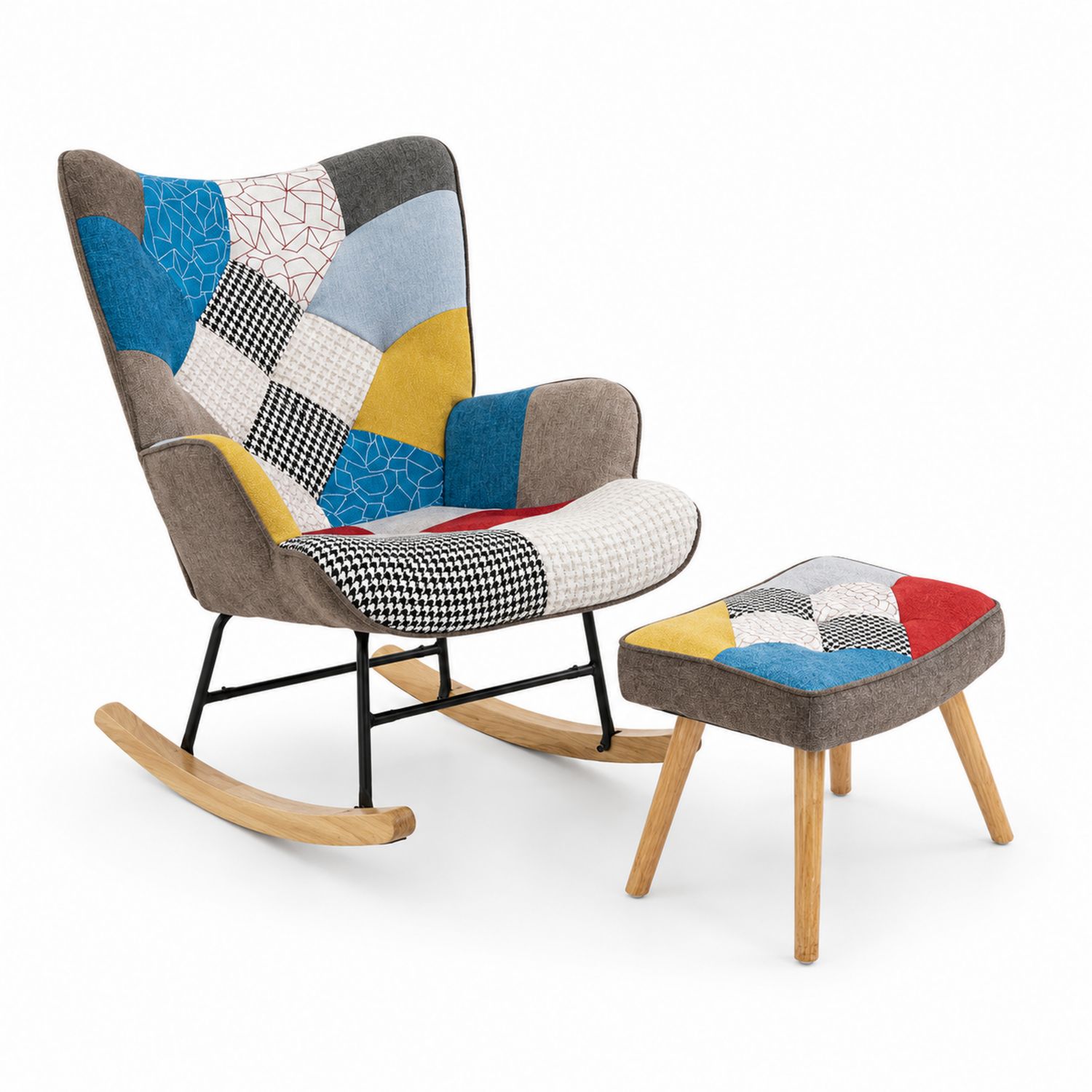 Patchwork Schaukelstuhl mit Hocker aus Polyesterstoff, Bunt-Retrohomestead