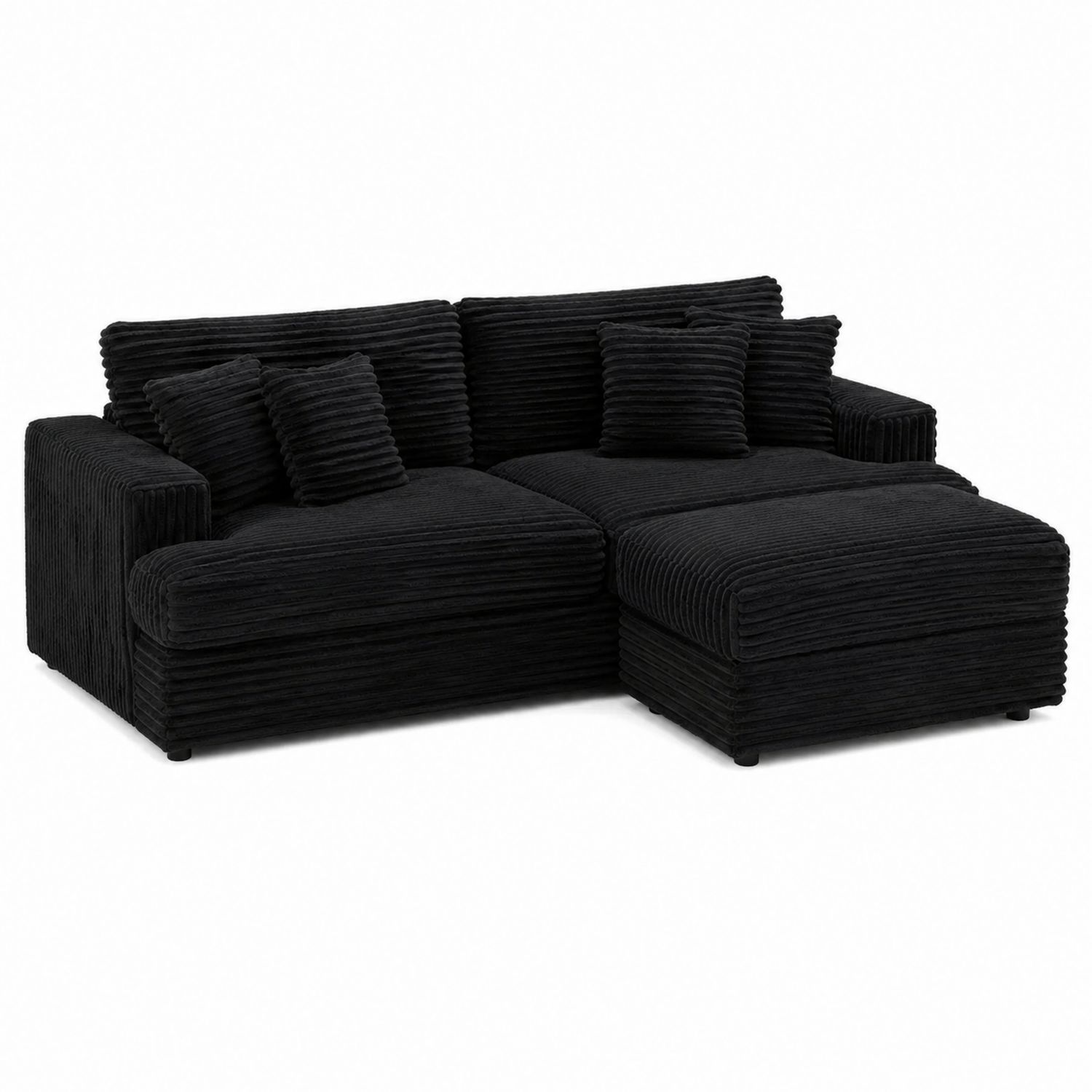 Schwarzes Ecksofa mit Ottomane, Stoff, 250x150x85 cm-Retrohomestead