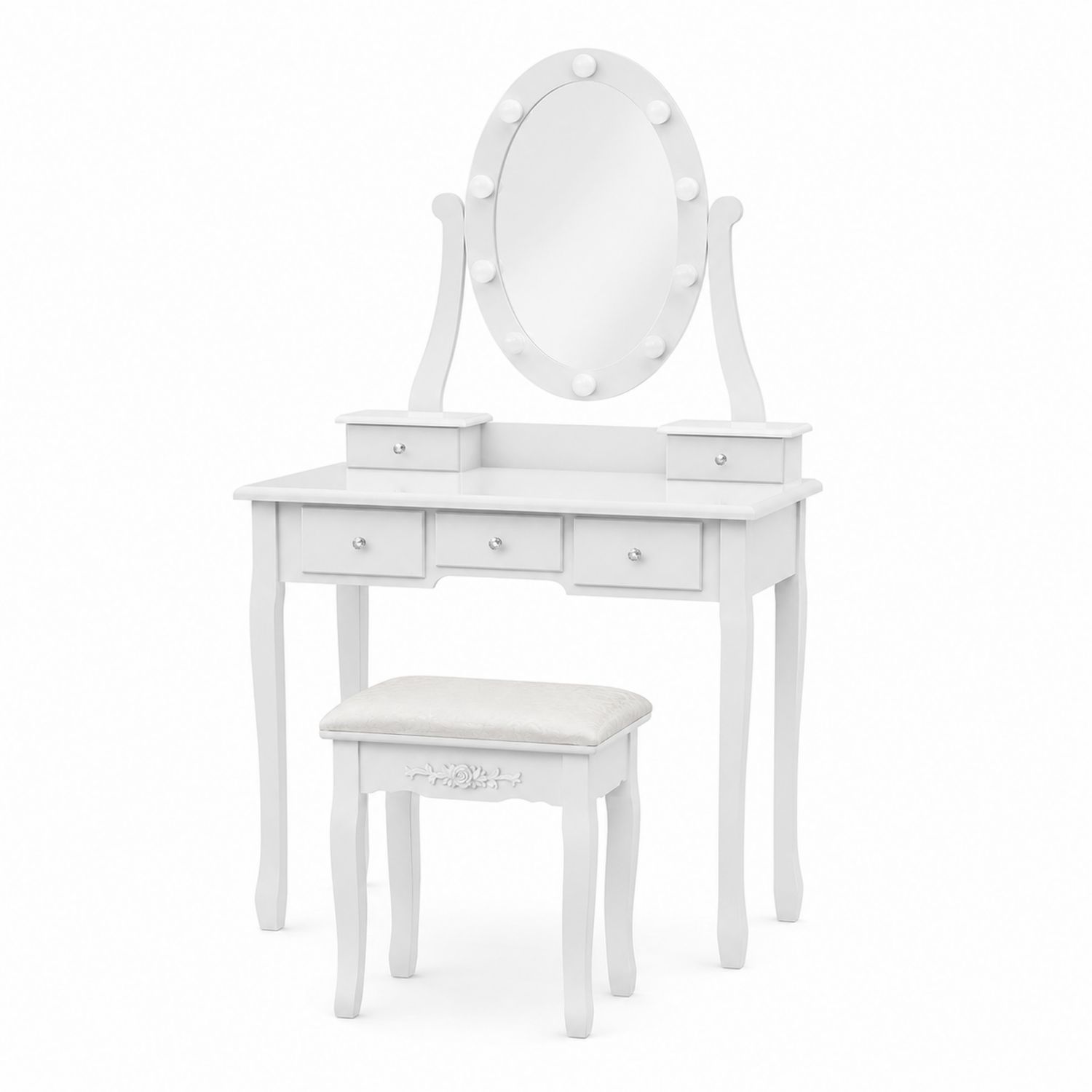 Weißes Schminktisch-Set mit ovalem Spiegel und Hocker-Retrohomestead