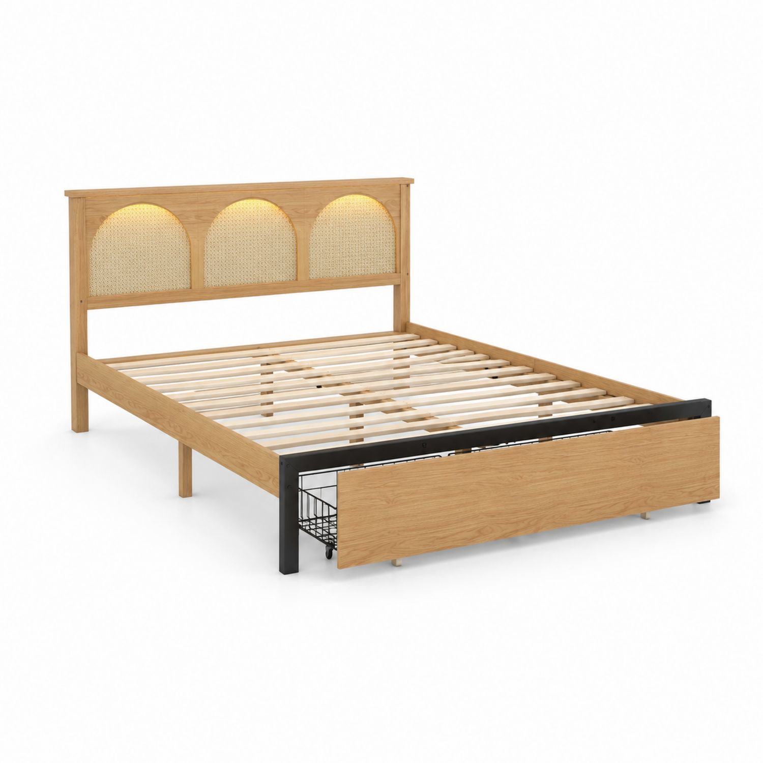 Bett aus Massivholz und Rattan mit Beleuchtung und Stauraum 200x160 cm-Retrohomestead