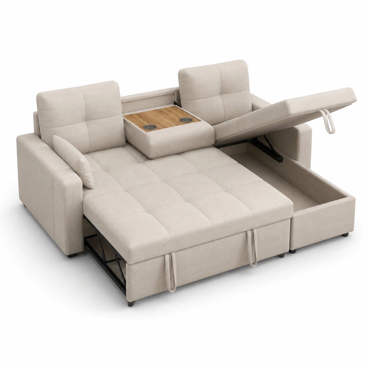 Sofa cama con almacenamiento y portavasos color beige-ValoriaNest