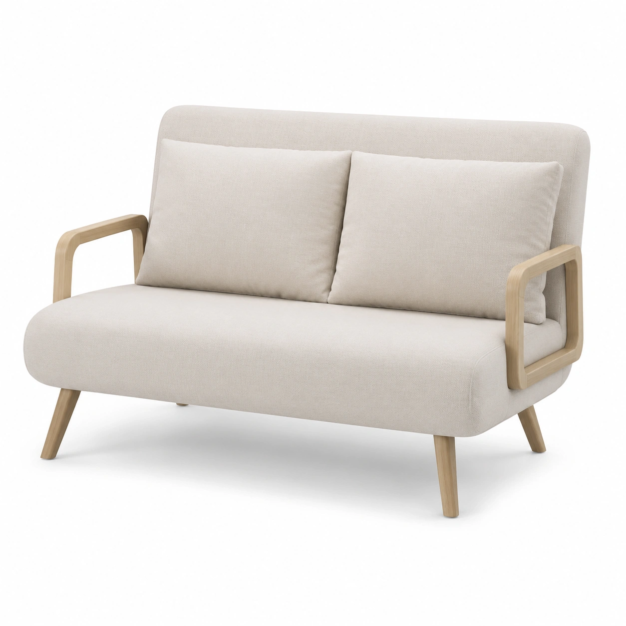 Sofa tapizado de dos plazas con reposabrazos de madera color marfil-ValoriaNest