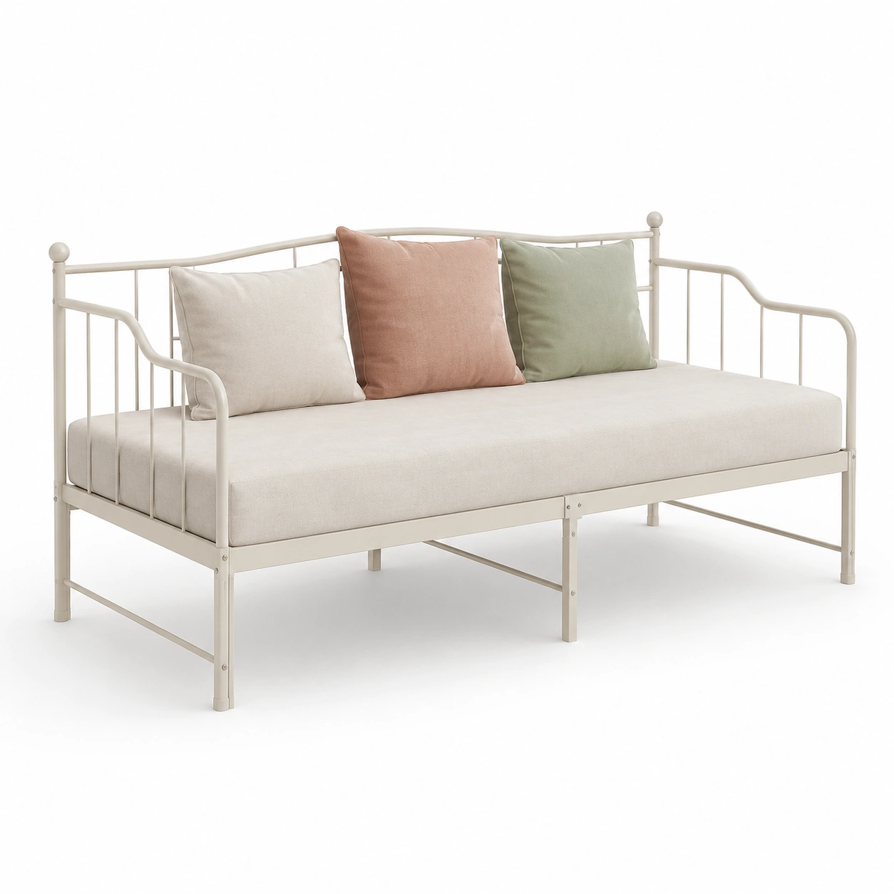 Sofa cama metalico color beige con tres cojines-ValoriaNest