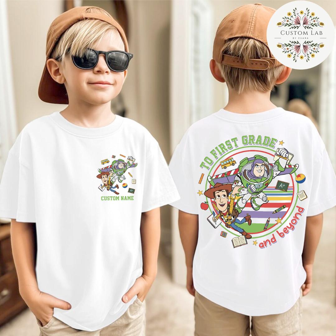 Custom Name Cartoon Adventure Graphic T-Shirt – Personalized Back Print Casual Tee for Kids & Family Style