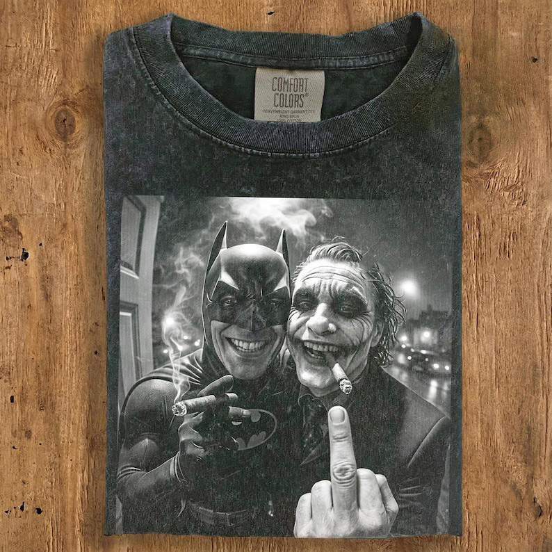 Vintage Batman and Joker Smoking Shirt, Funny Middle Finger Graphic Tee, Dark Knight Streetwear, Comfort Colors 90s Bootleg Style Tshirt
