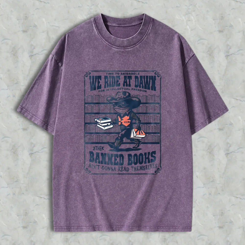 We Ride At Dawn Baked Books Unisex Washed T-shirt