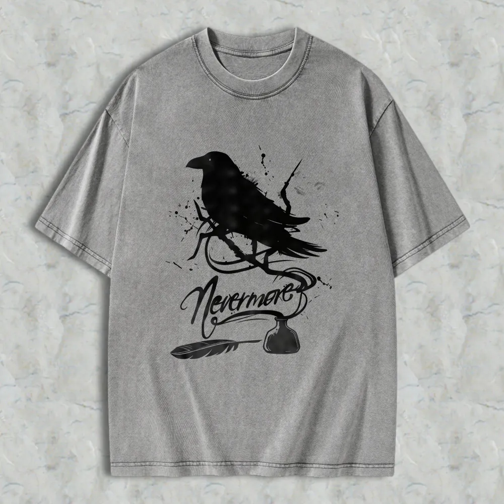 Raven Nevermore Poem Bird Feather Inkwell Unisex Washed T-shirt