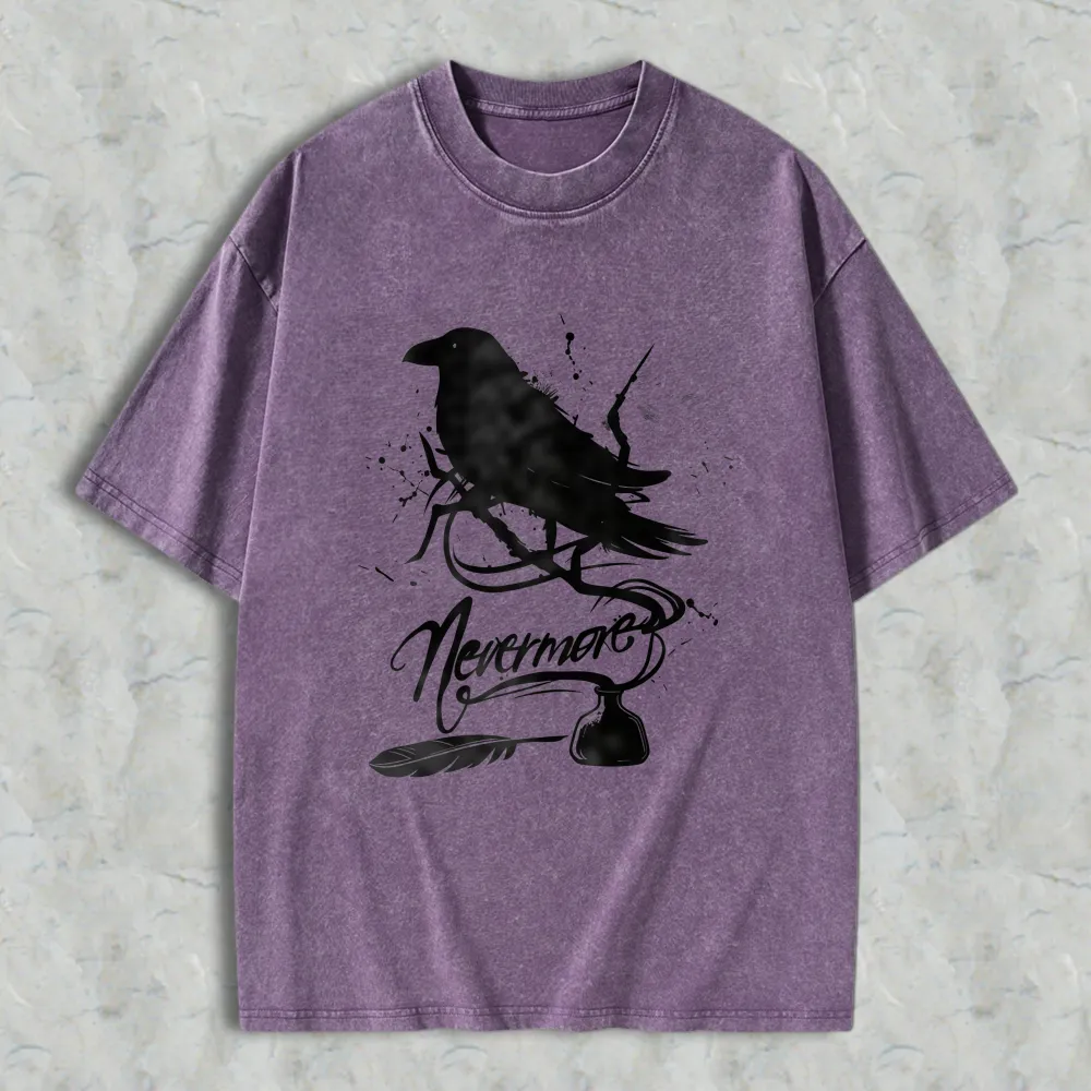 Raven Nevermore Poem Bird Feather Inkwell Unisex Washed T-shirt