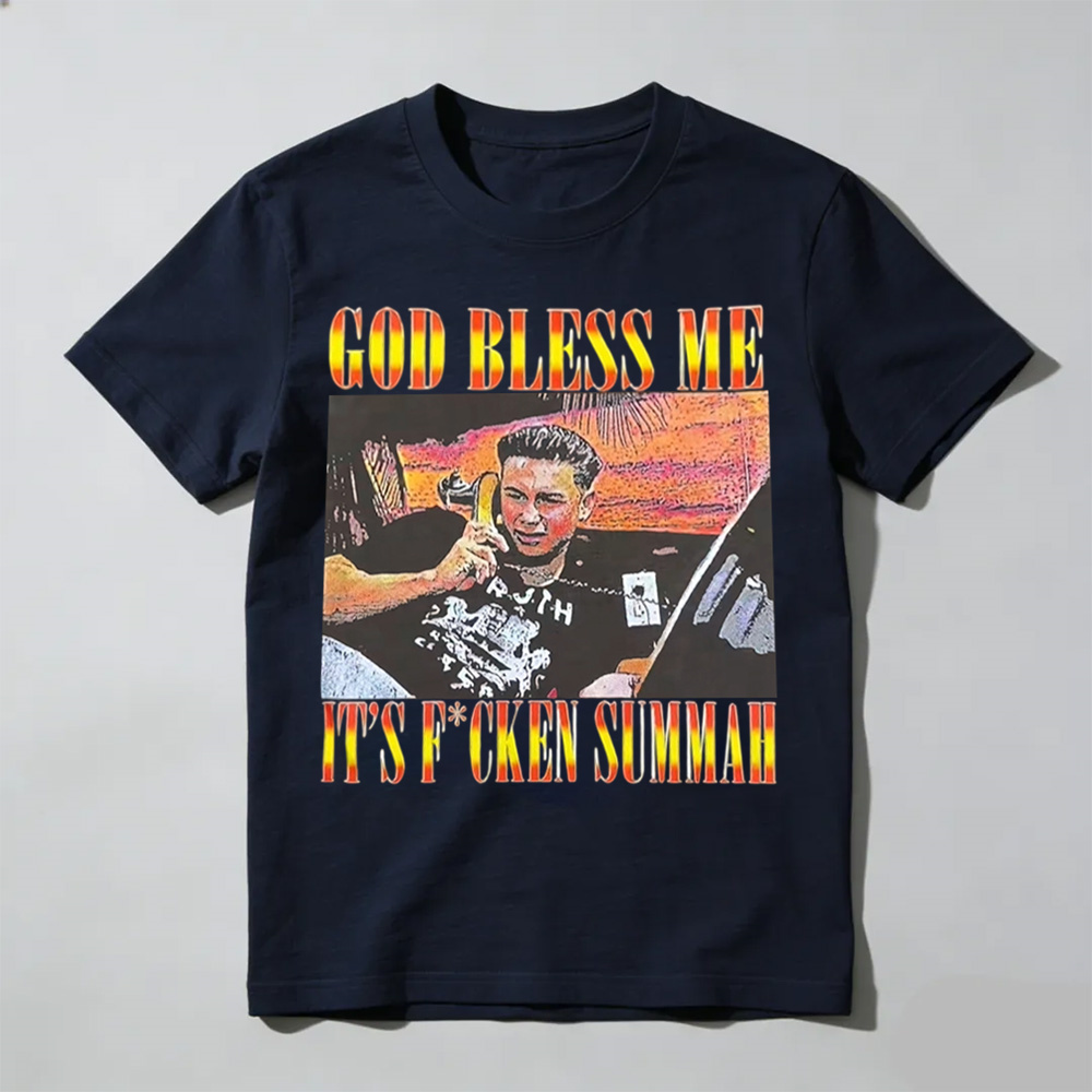 Funny God Bless Me Its F*ckin Summah Shirt, Funny Summer Vibes Graphic T-Shirt, Beach Party Humor Tee, Trendy Vacation Style Shirt, Fun Gift for Men & Women