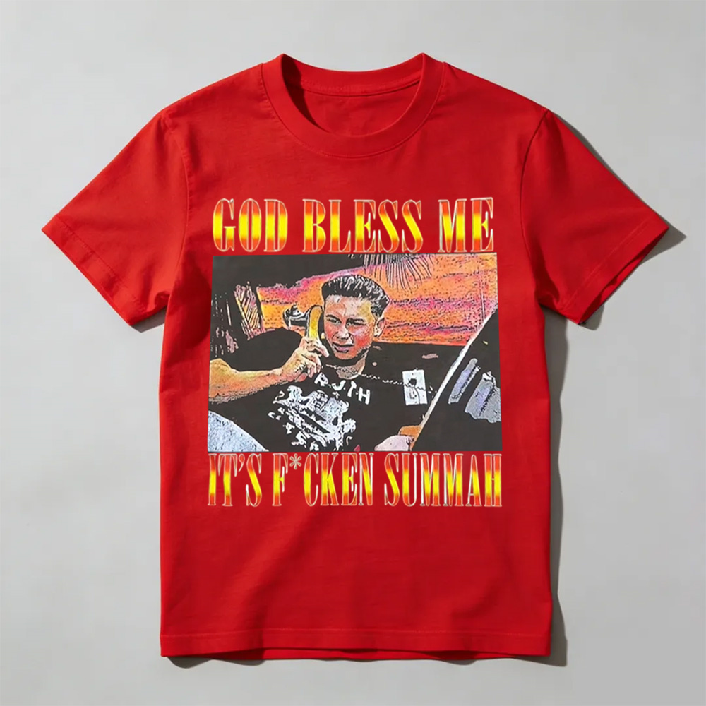 Funny God Bless Me Its F*ckin Summah Shirt, Funny Summer Vibes Graphic T-Shirt, Beach Party Humor Tee, Trendy Vacation Style Shirt, Fun Gift for Men & Women
