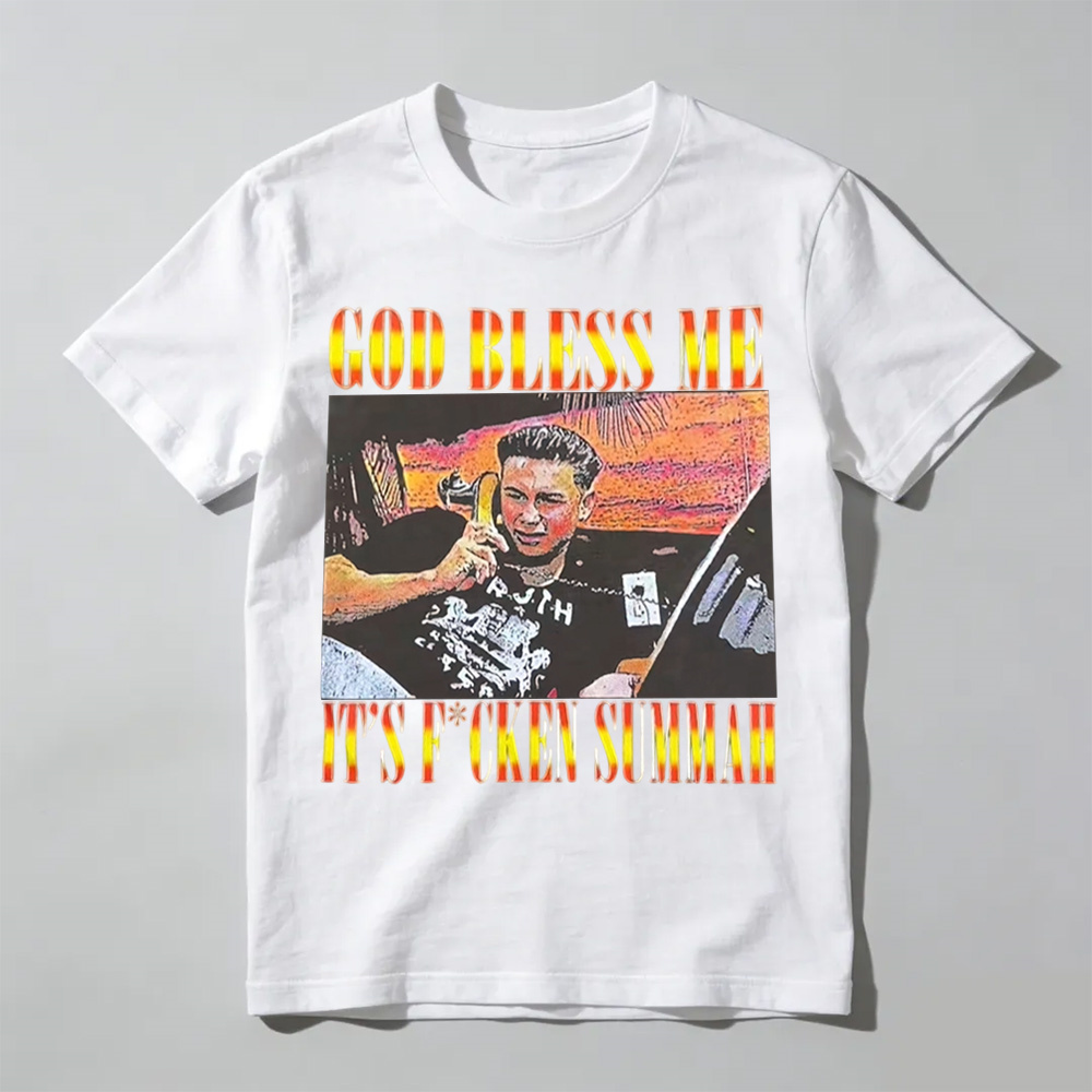 Funny God Bless Me Its F*ckin Summah Shirt, Funny Summer Vibes Graphic T-Shirt, Beach Party Humor Tee, Trendy Vacation Style Shirt, Fun Gift for Men & Women