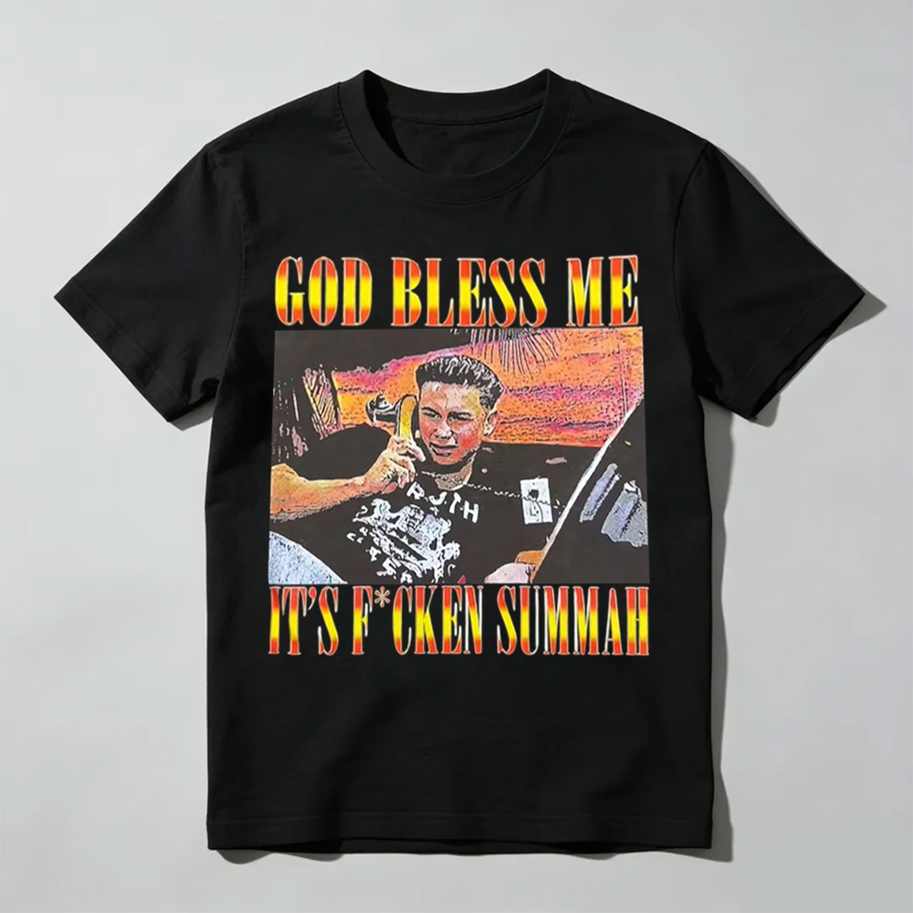 Funny God Bless Me Its F*ckin Summah Shirt, Funny Summer Vibes Graphic T-Shirt, Beach Party Humor Tee, Trendy Vacation Style Shirt, Fun Gift for Men & Women