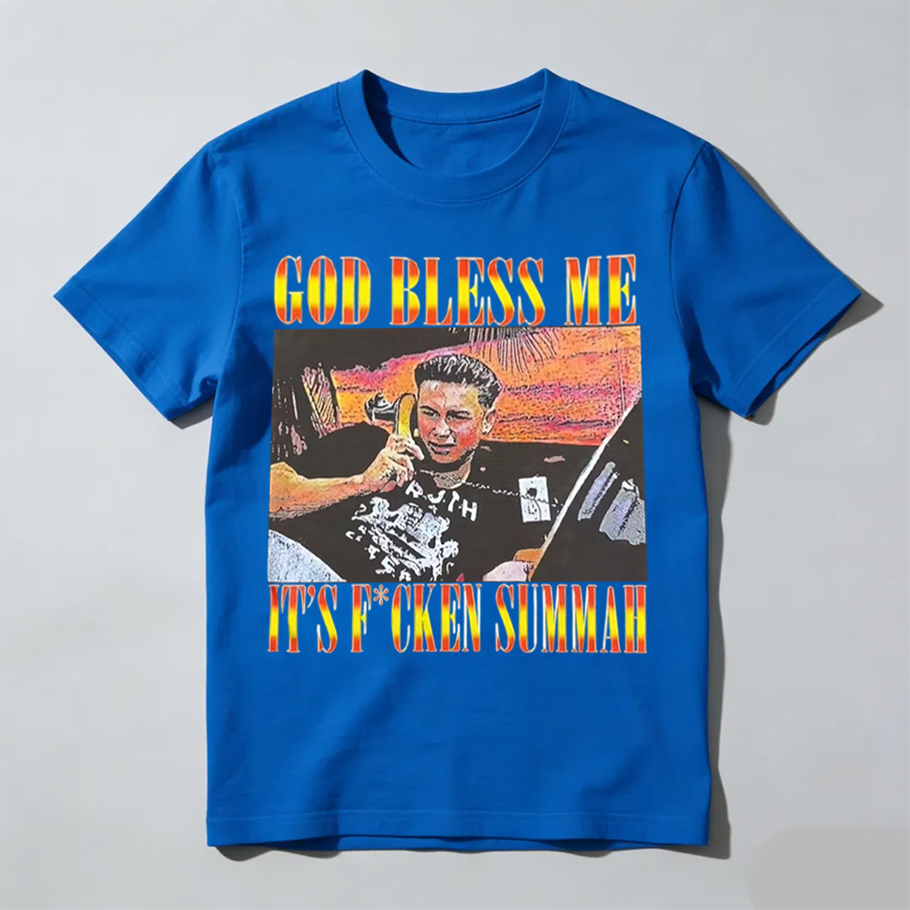 Funny God Bless Me Its F*ckin Summah Shirt, Funny Summer Vibes Graphic T-Shirt, Beach Party Humor Tee, Trendy Vacation Style Shirt, Fun Gift for Men & Women