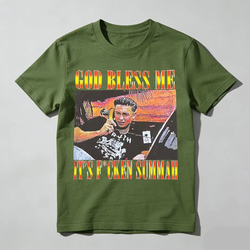 Funny God Bless Me Its F*ckin Summah Shirt, Funny Summer Vibes Graphic T-Shirt, Beach Party Humor Tee, Trendy Vacation Style Shirt, Fun Gift for Men & Women
