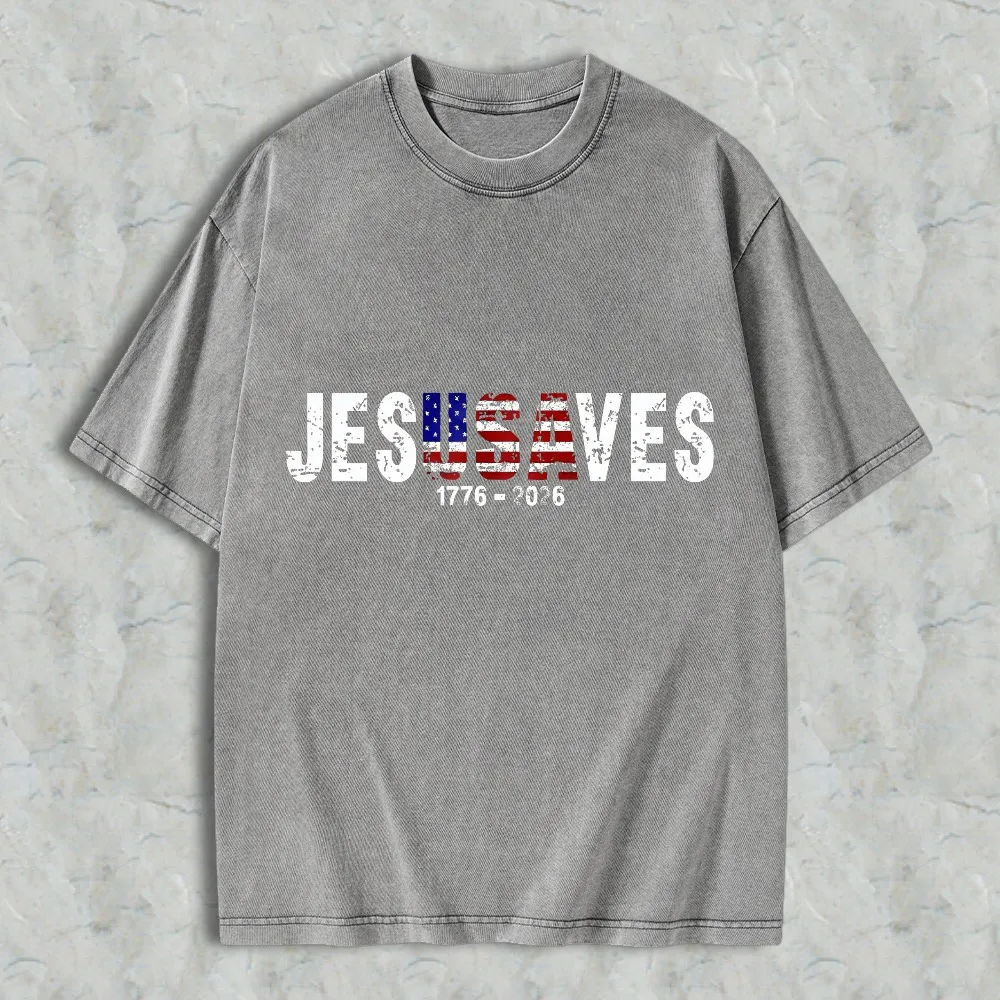 Jesus Saves American Flag Design 1776 2026 Washed T-shirt