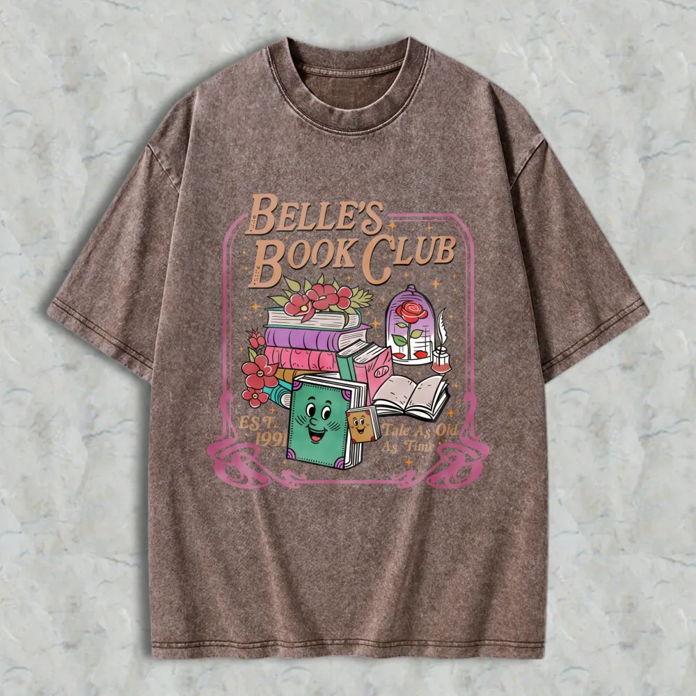 Belle Book Club Tale As Old As Time Books And Roses Design Unisex Washed T-shirt