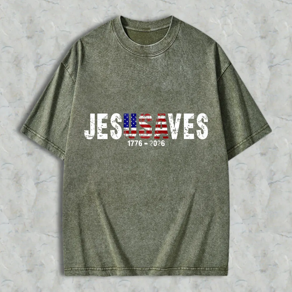 Jesus Saves American Flag Design 1776 2026 Washed T-shirt