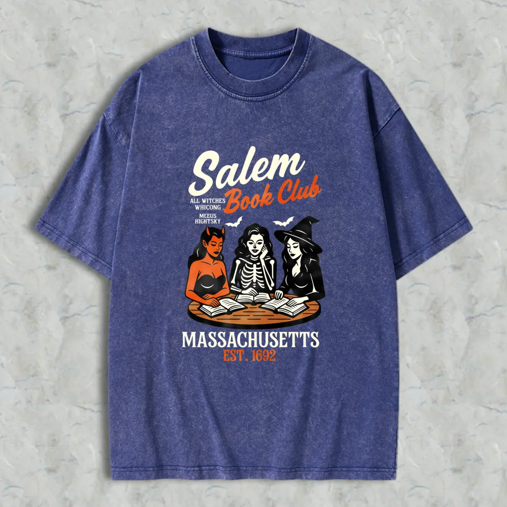 Salem Book Club Witch Reading Books Massachusetts Est 1692 Unisex Washed T-shirt