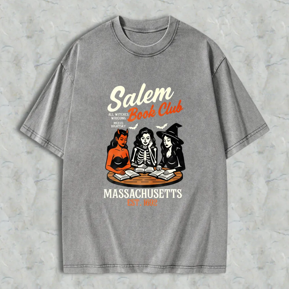 Salem Book Club Witch Reading Books Massachusetts Est 1692 Unisex Washed T-shirt