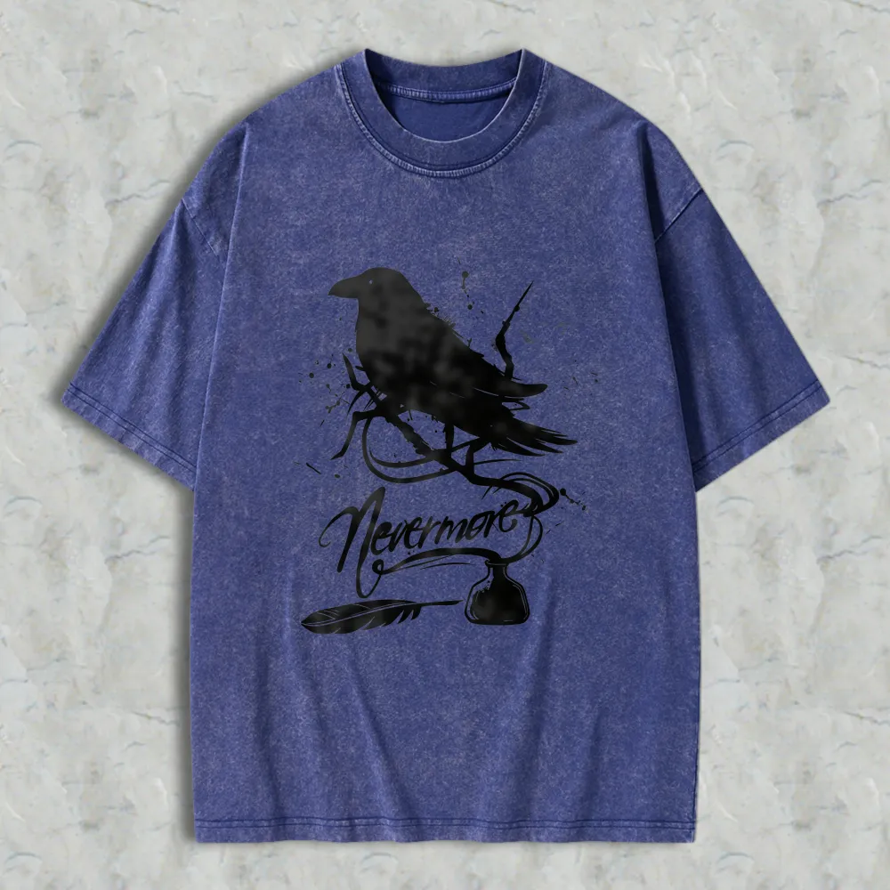 Raven Nevermore Poem Bird Feather Inkwell Unisex Washed T-shirt