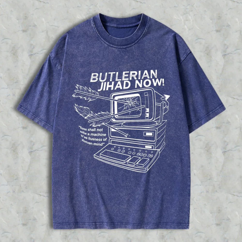 Butlerian Jihad Now Computer With Arrow Through Screen And Quote Unisex Washed T-shirt
