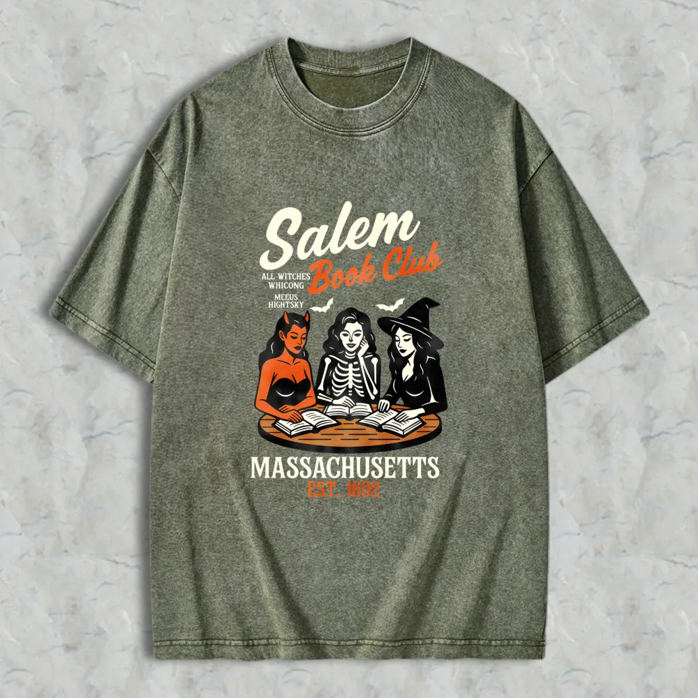 Salem Book Club Witch Reading Books Massachusetts Est 1692 Unisex Washed T-shirt