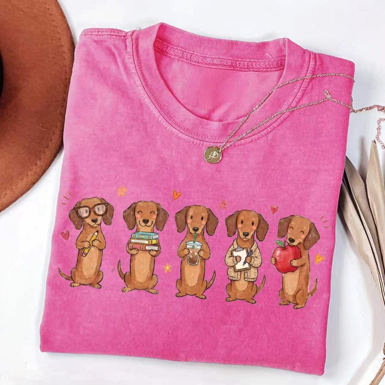 Cute Dachshund School Life Graphic T-Shirt – Cartoon Dog Lover Casual Unisex Tee