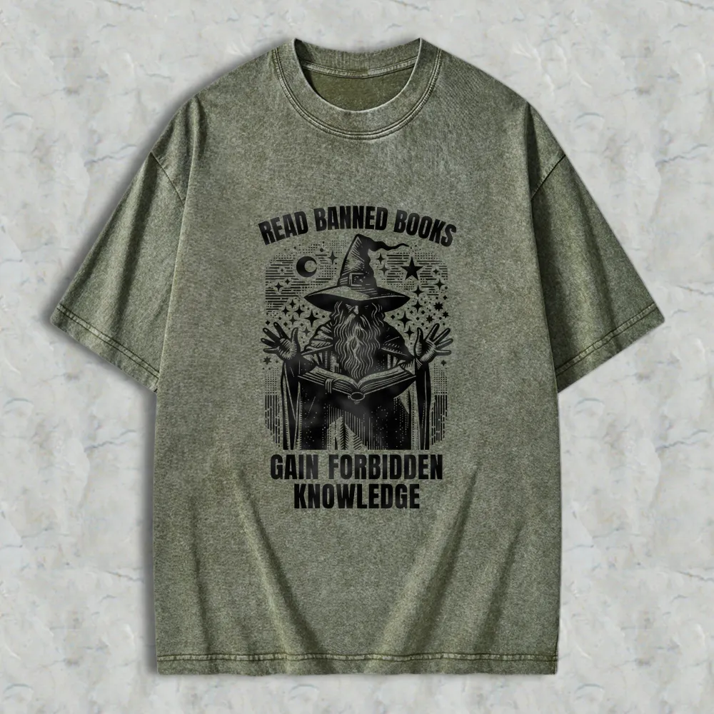 Read Banned Books Gain Forbidden Knowledge Wizard With Open Book And Stars Unisex Washed T-shirt