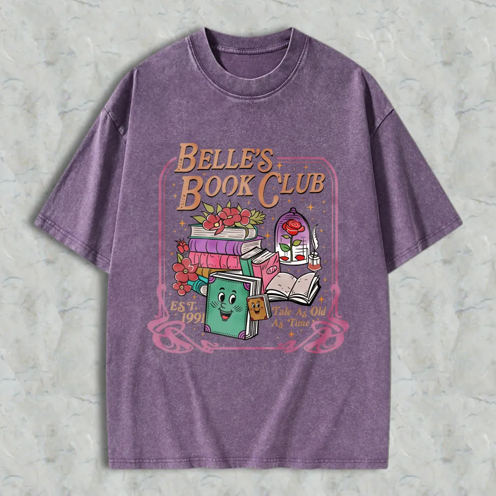 Belle Book Club Tale As Old As Time Books And Roses Design Unisex Washed T-shirt