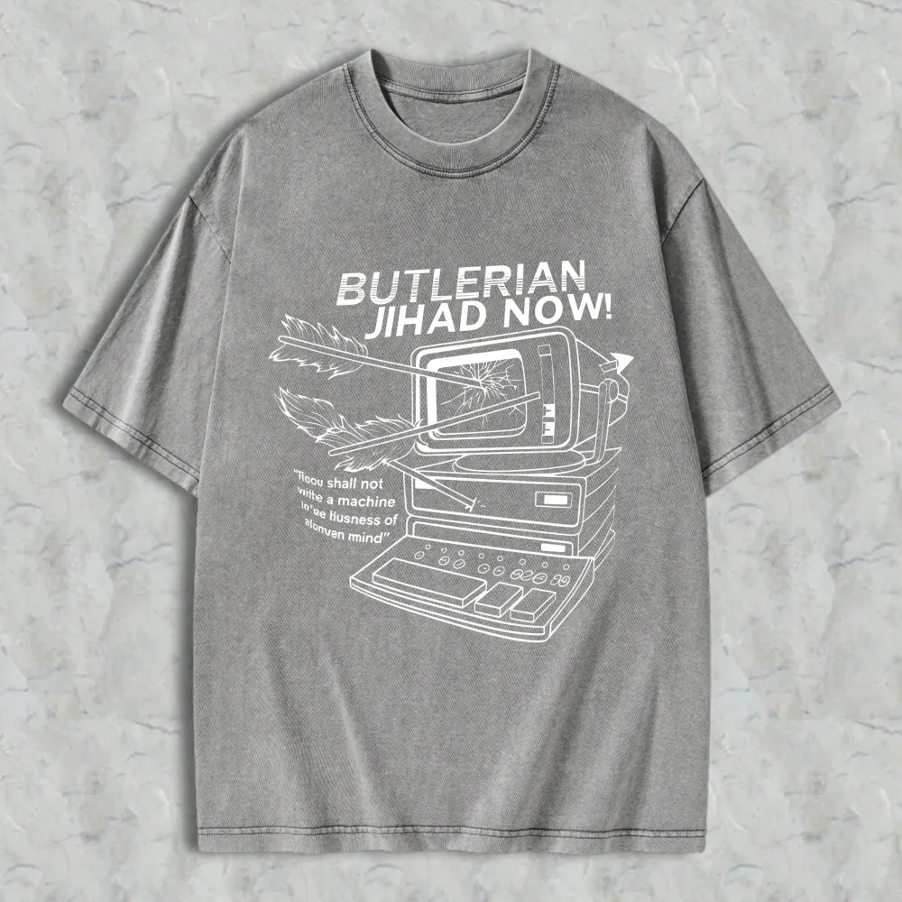 Butlerian Jihad Now Computer With Arrow Through Screen And Quote Unisex Washed T-shirt