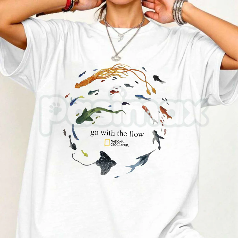 Marine Animals 'Go With The Flow' T-Shirt, Ocean Shirt, Animal Tee, Gifts Shirt, Unisex Vintage Graphic Tees Gothic Grunge Y2k Emo Scene Amity Affliction Style Clothes Men Women Streetwear