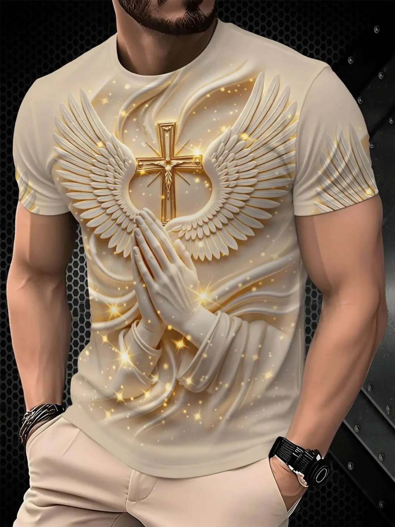 New Religious Prayer Hand Angel Wings Cross Print Men's Round Neck 3D High-Definition Short Sleeve, Sporty Slim-Fit Summer T-Shirt