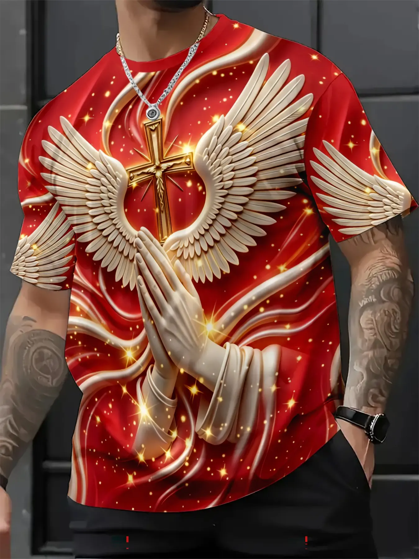 New Religious Prayer Hand Angel Wings Cross Print Men's Round Neck 3D High-Definition Short Sleeve, Sporty Slim-Fit Summer T-Shirt