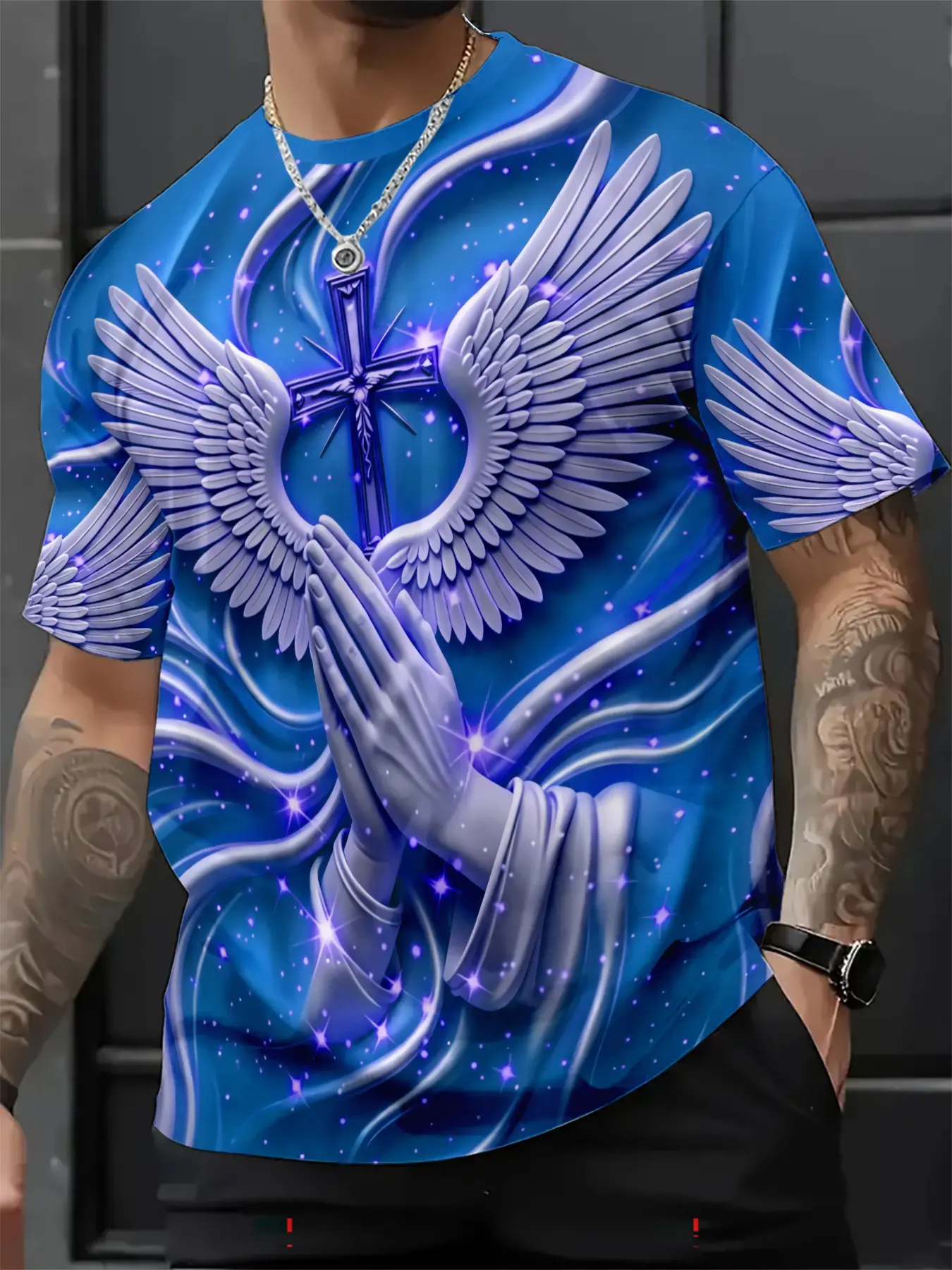 New Religious Prayer Hand Angel Wings Cross Print Men's Round Neck 3D High-Definition Short Sleeve, Sporty Slim-Fit Summer T-Shirt