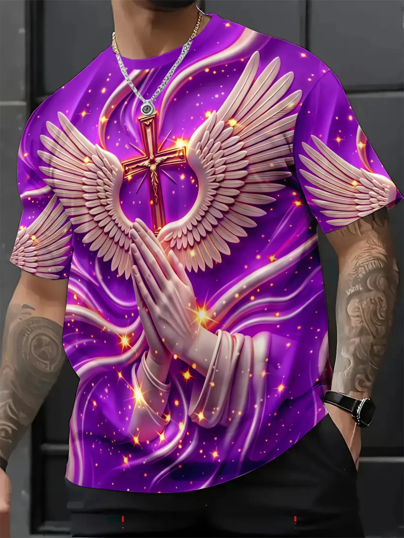 New Religious Prayer Hand Angel Wings Cross Print Men's Round Neck 3D High-Definition Short Sleeve, Sporty Slim-Fit Summer T-Shirt