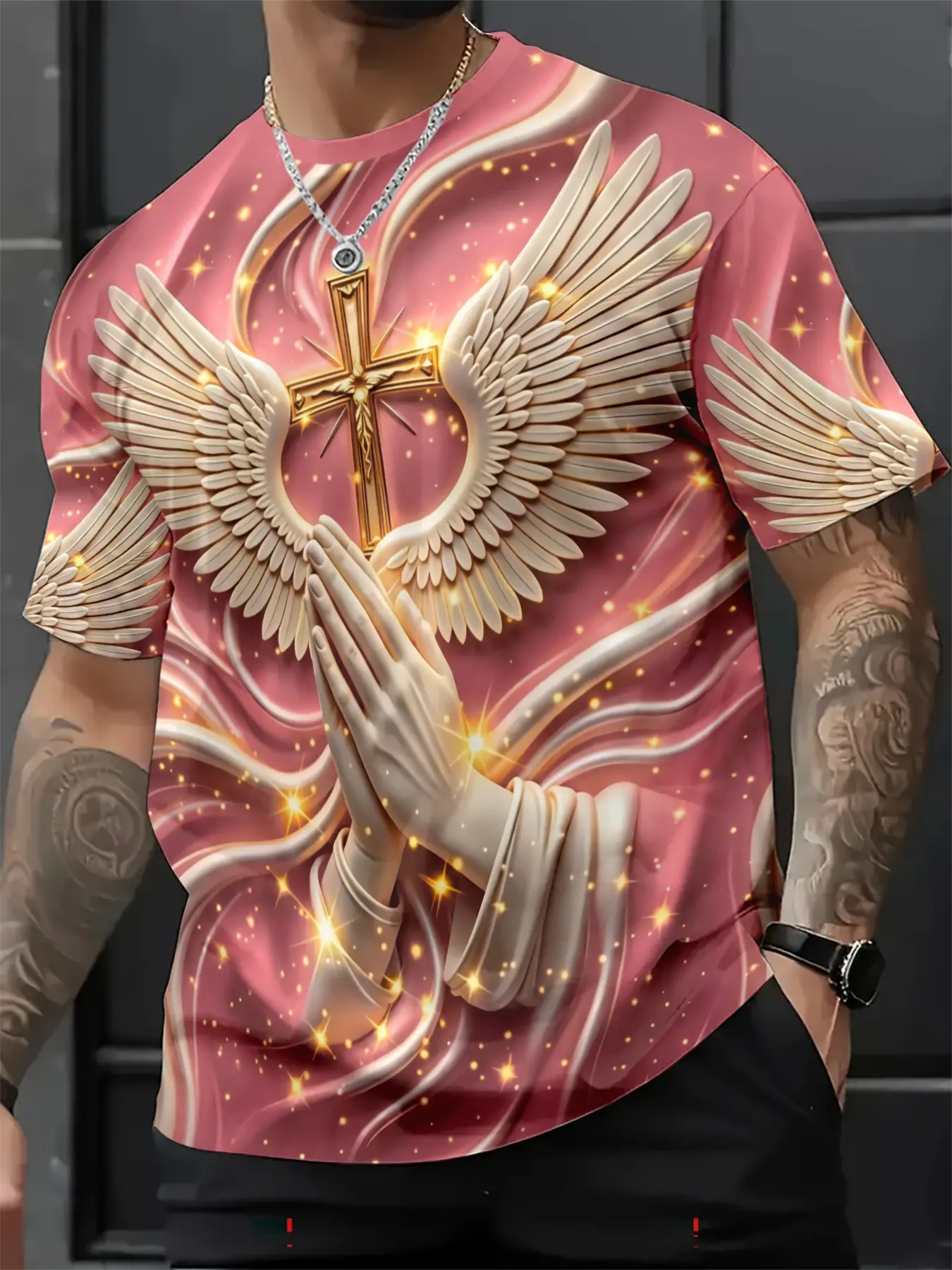 New Religious Prayer Hand Angel Wings Cross Print Men's Round Neck 3D High-Definition Short Sleeve, Sporty Slim-Fit Summer T-Shirt