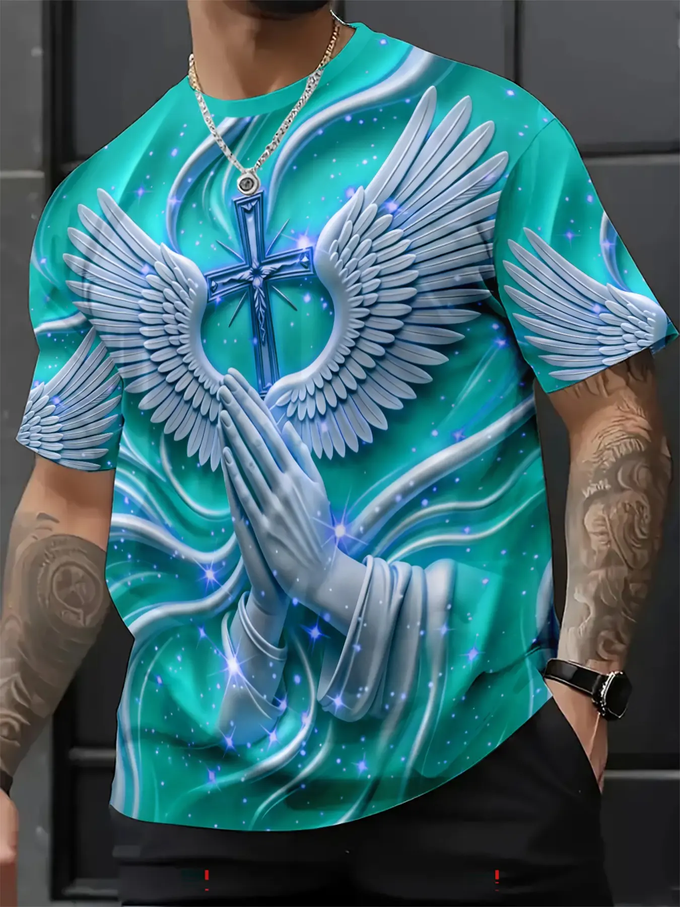 New Religious Prayer Hand Angel Wings Cross Print Men's Round Neck 3D High-Definition Short Sleeve, Sporty Slim-Fit Summer T-Shirt