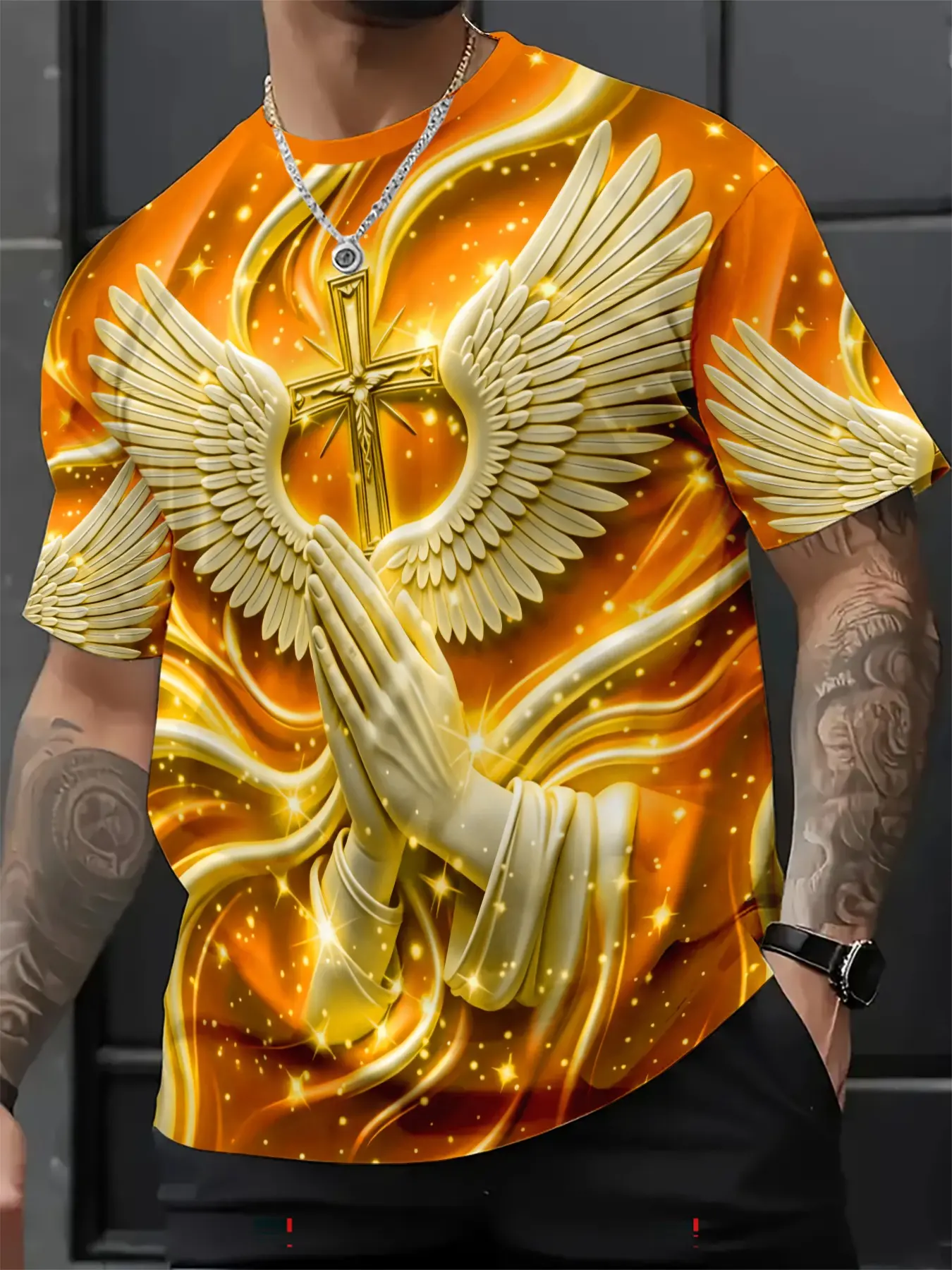 New Religious Prayer Hand Angel Wings Cross Print Men's Round Neck 3D High-Definition Short Sleeve, Sporty Slim-Fit Summer T-Shirt
