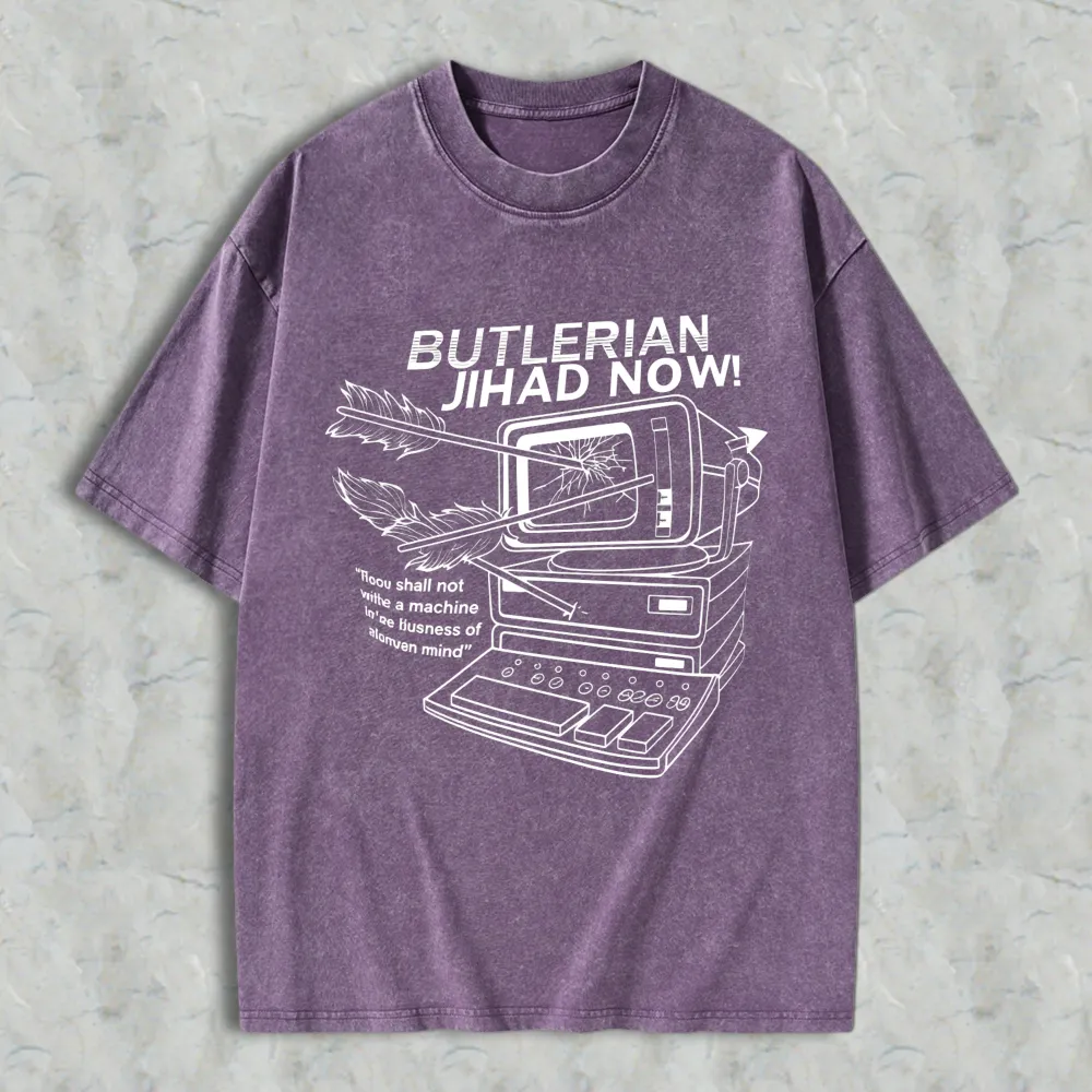 Butlerian Jihad Now Computer With Arrow Through Screen And Quote Unisex Washed T-shirt