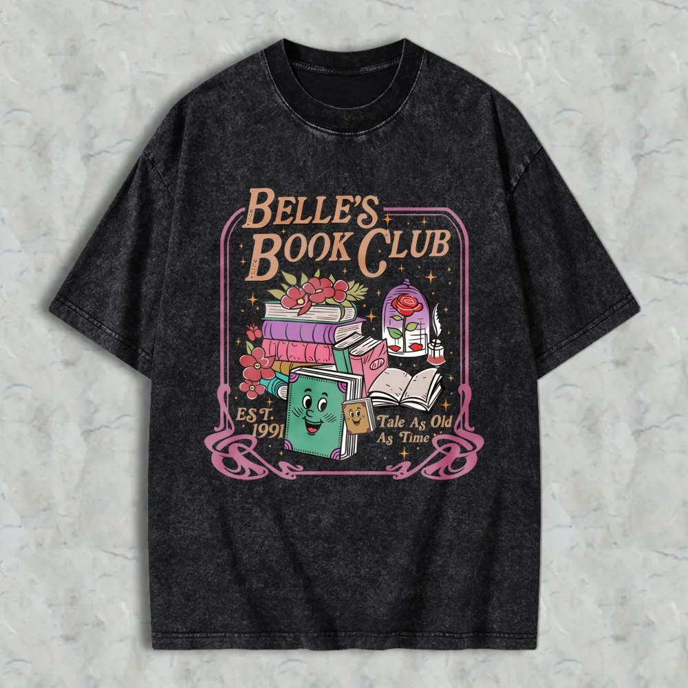 Belle Book Club Tale As Old As Time Books And Roses Design Unisex Washed T-shirt